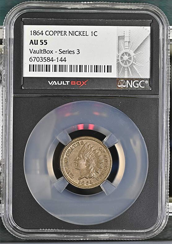 1864 Copper Nickel Indian Head Cent NGC AU55 Vaultbox Series 3 Front
