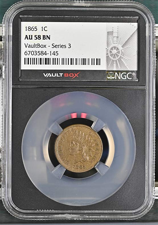1865 Fancy 5 Indian Head Cent NGC AU58BN Vaultbox Series 3 Front