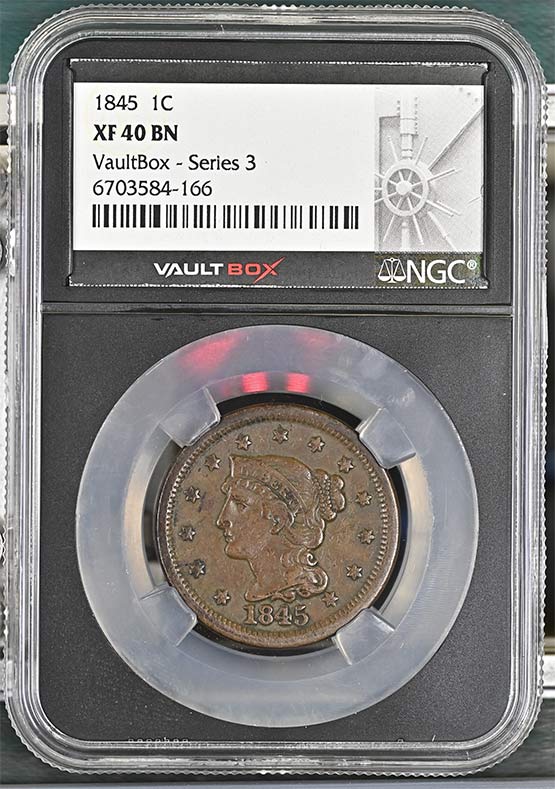 1845 Braided Hair Large Cent NGC XF40BN Vaultbox Series 3 Front