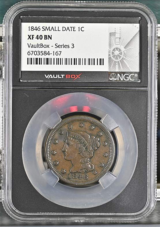 1846 Small Date Braided Hair Large Cent NGC XF40BN Vaultbox Series 3 Front
