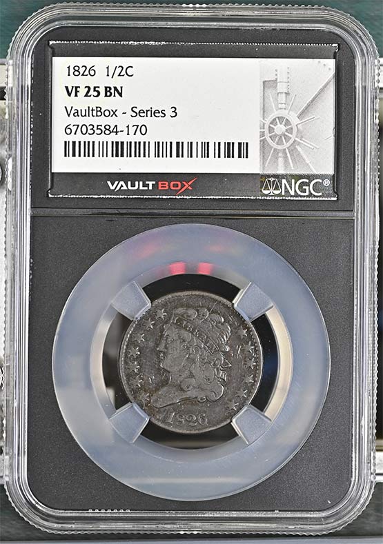 1826 Classic Head Half Cent NGC VF25BN Vaultbox Series 3 Front