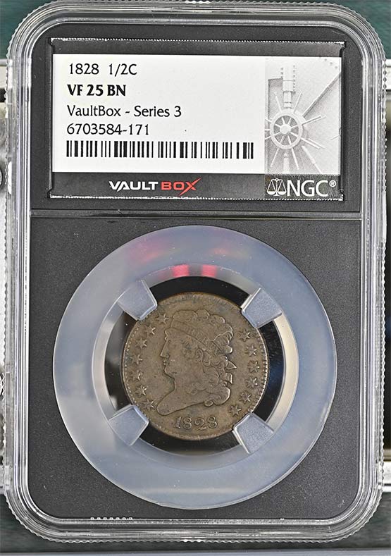 1828 Classic Head Half Cent NGC VF25BN Vaultbox Series 3 Front