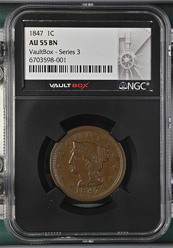 1847 Braided Hair Large Cent NGC AU55 Vaultbox Series 3 Front