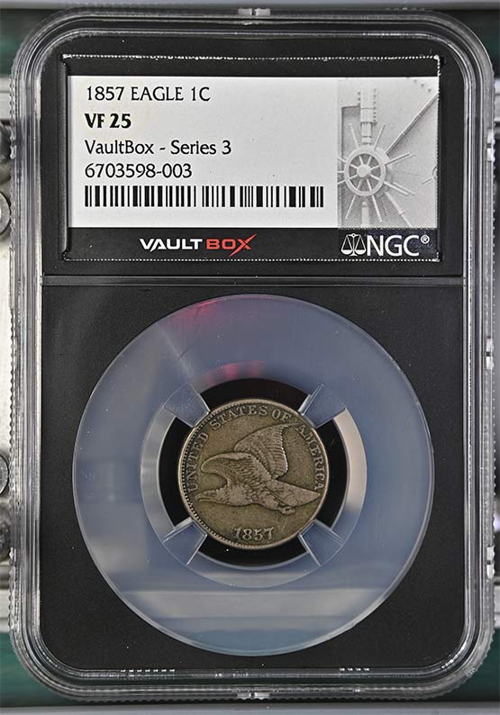 1857 Flying Eagle Cent NGC VF25 Vaultbox Series 3 Front