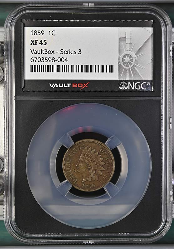 1859 Copper Nickel Indian Head Cent NGC XF45 Vaultbox Series 3 Front