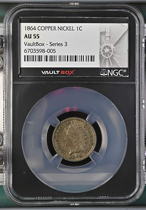 1864 Copper Nickel Indian Head Cent NGC AU55 Vaultbox Series 3 Front
