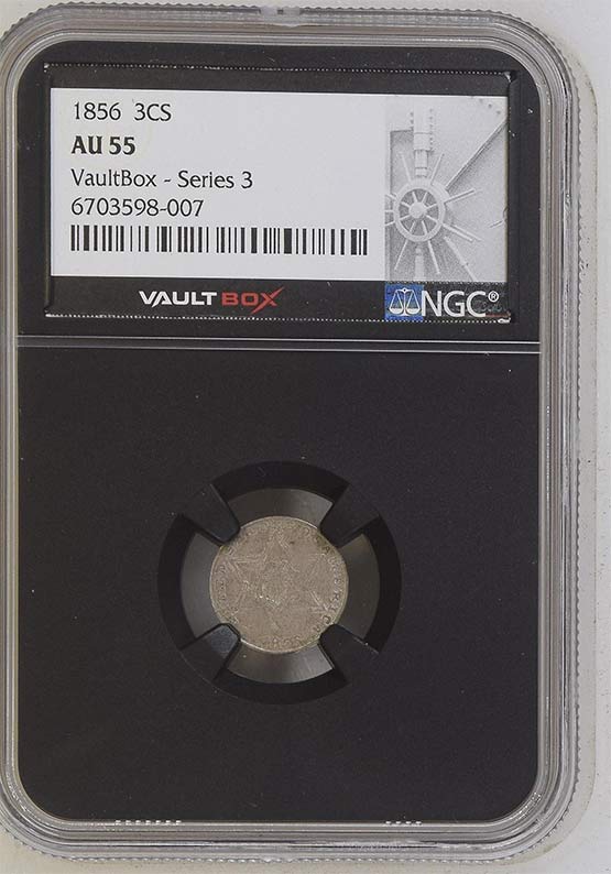 1856 Three-Cent Silver Piece NGC AU55 Vaultbox Series 3 Front