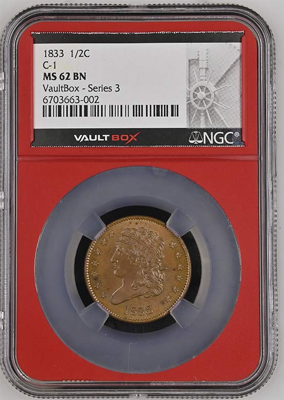 1833 Classic Head Half Cent NGC MS62BN Vaultbox Series 3 Front