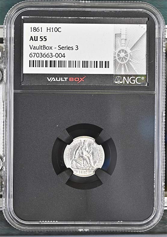 1861 Seated Liberty Half Dime NGC AU55 Vaultbox Series 3 Front