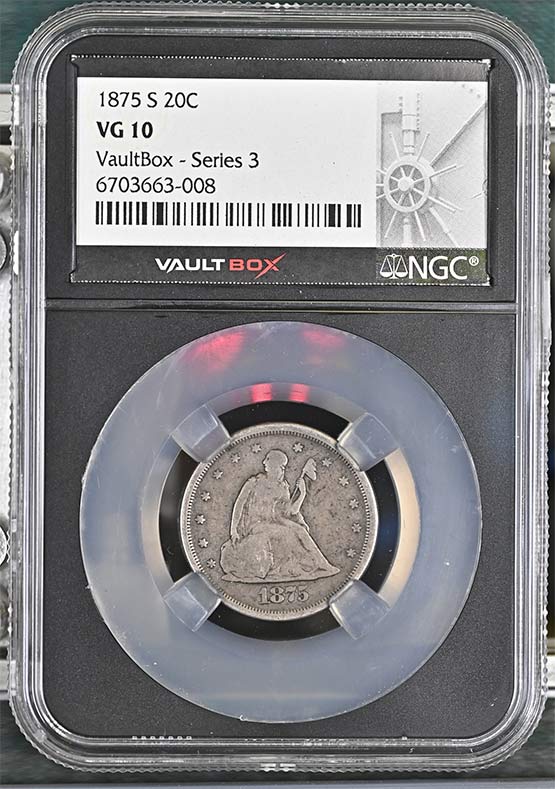 1875-S Seated Liberty Twenty-Cent Piece NGC VG10 Vaultbox Series 3 Front