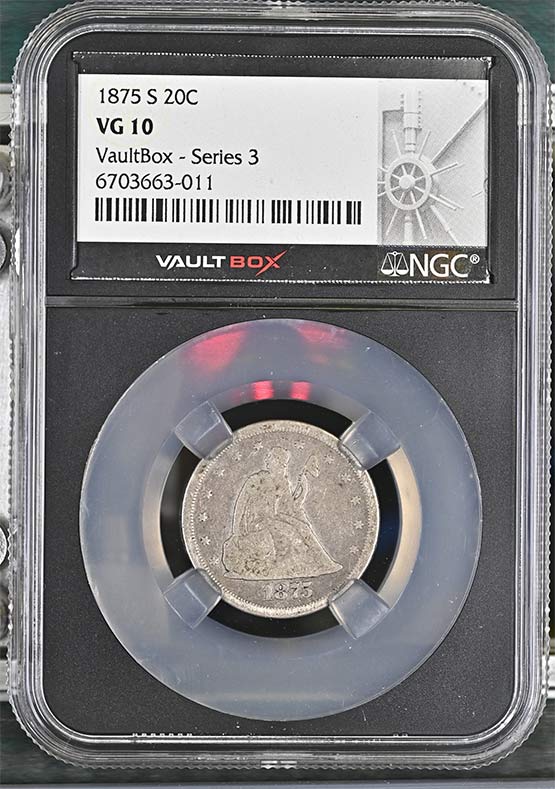 1875-S Seated Liberty Twenty-Cent Piece NGC VG10 Vaultbox Series 3 Front