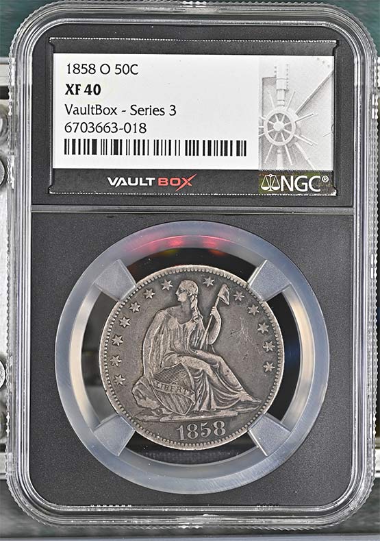 1858-O Seated Liberty Half Dollar NGC XF40 Vaultbox Series 3 Front