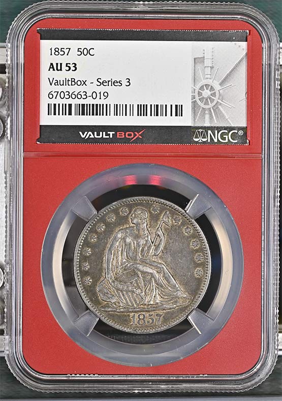 1857 Seated Liberty Half Dollar NGC AU53 Vaultbox Series 3 Front
