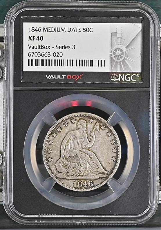 1846 Medium Date Seated Liberty Half Dollar NGC XF40 Vaultbox Series 3 Front