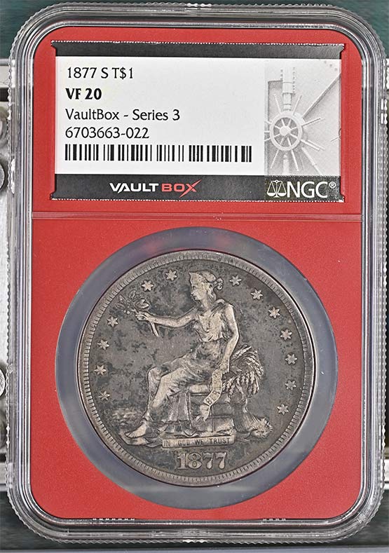 1877-S Seated Liberty Trade Dollar NGC VF20 Vaultbox Series 3 Front