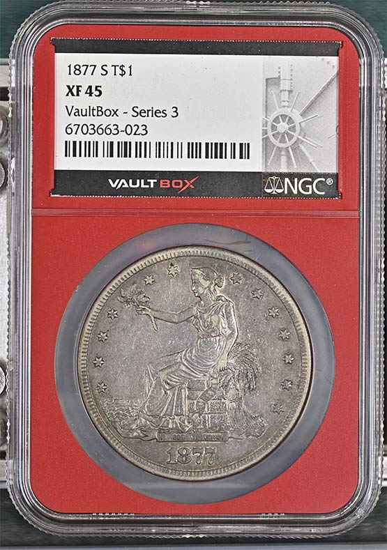 1877-S Seated Liberty Trade Dollar NGC XF45 Vaultbox Series 3 Front