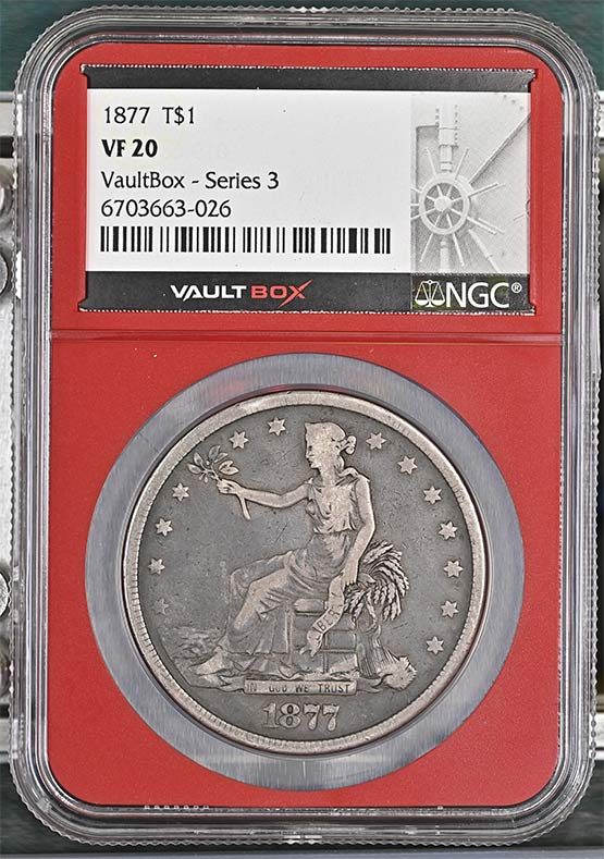 1877 $1 Trade Silver Dollar NGC VF20 Vaultbox Series 3 Front