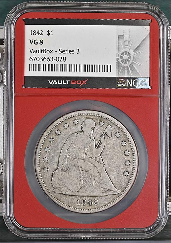 1842 $1 Seated Liberty Silver Dollar NGC VG8 Vaultbox Series 3 Front