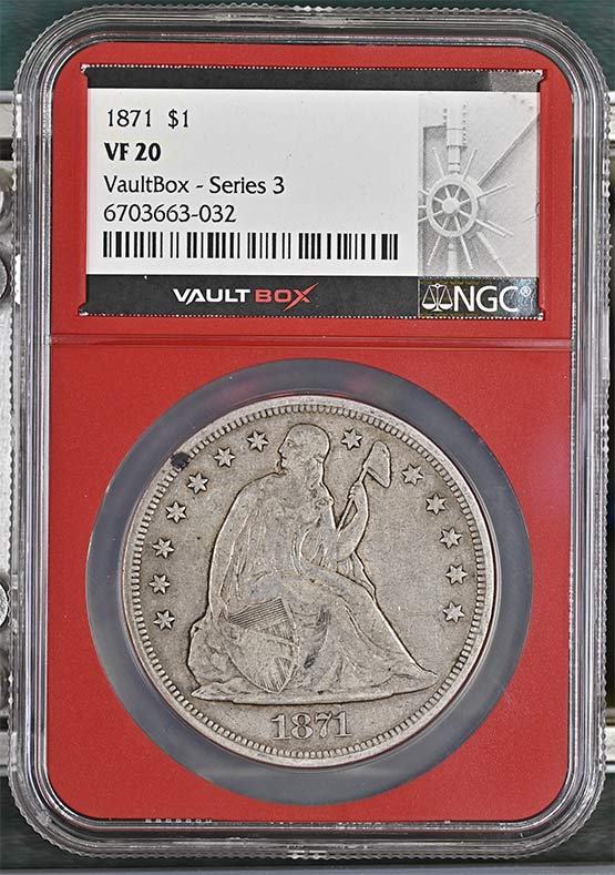 1871 $1 Seated Liberty Silver Dollar NGC VF20 Vaultbox Series 3 Front