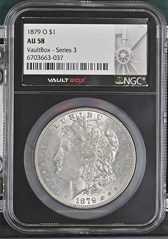 1879-O $1 Morgan Silver Dollar NGC AU58 Vaultbox Series 3 Front