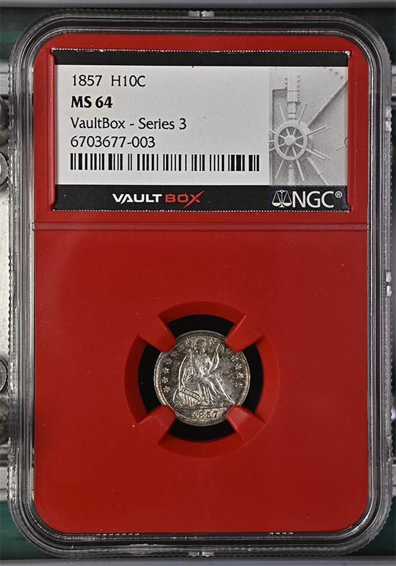 1857 Seated Liberty Half Dime NGC MS64 Vaultbox Series 3 Front