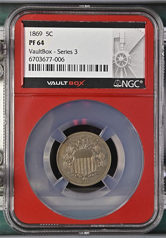1869 Proof Shield Nickel NGC PF64 Vaultbox Series 3 Front