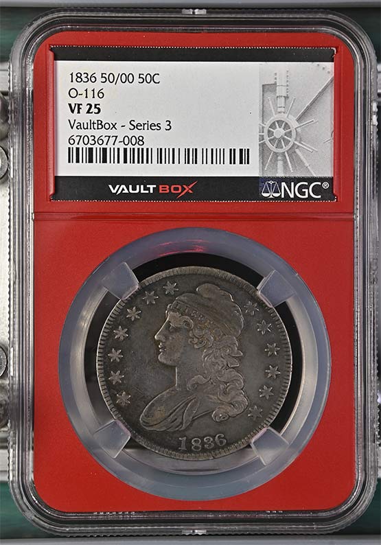 1836 50/00 O-116 Capped Bust Lettered Edge Half Dollar NGC VF25 Vaultbox Series 3 Front