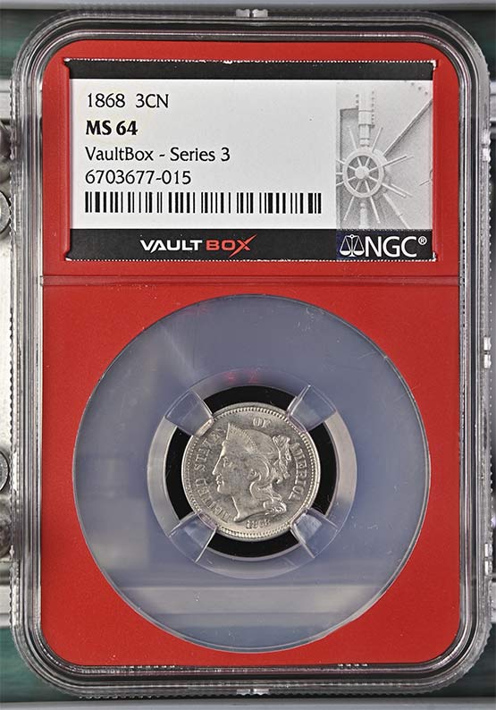 1868 Three-Cent Nickel NGC MS64 Vaultbox Series 3 Front