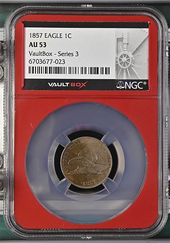 1857 Flying Eagle Cent NGC AU53 Vaultbox Series 3 Front