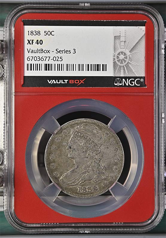1838 Capped Bust Reeded Edge Half Dollar NGC XF40 Vaultbox Series 3 Front