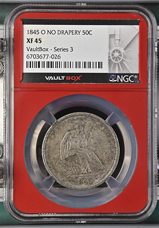 1845-O No Drapery Seated Liberty Half Dollar NGC XF45 Vaultbox Series 3 Front