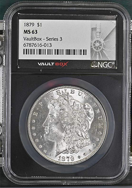 1879 $1 Morgan Silver Dollar NGC MS63 Vaultbox Series 3 Front
