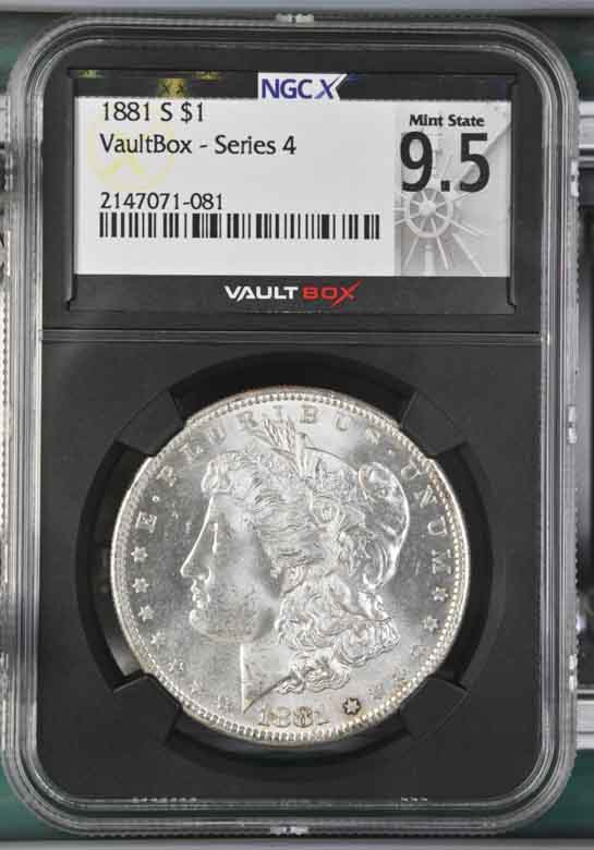 1881-S $1 Morgan Silver Dollar NGCX Mint State 9.5 Vaultbox Series 4