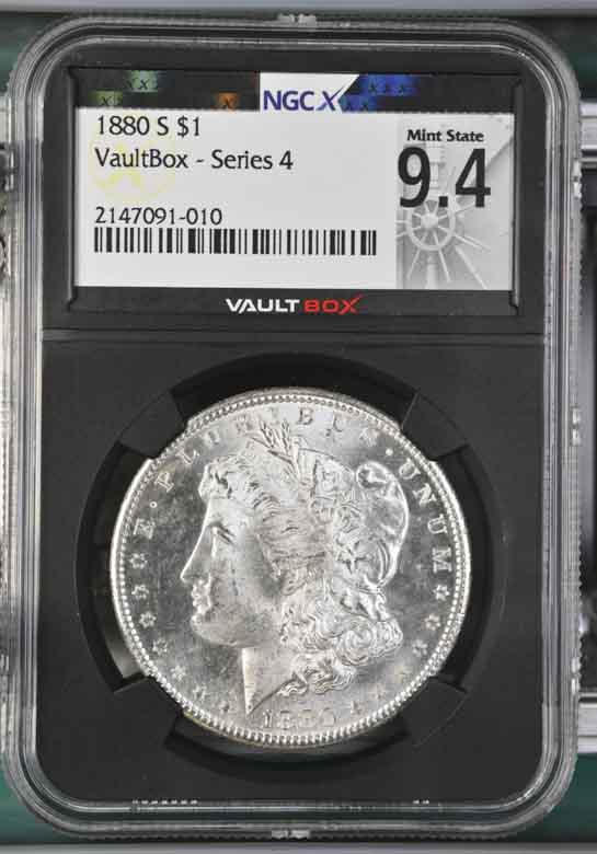 1880-S $1 Morgan Silver Dollar NGCX Mint State 9.4 Vaultbox Series 4