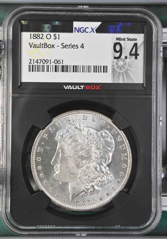 1882-O $1 Morgan Silver Dollar NGCX Mint State 9.4 Vaultbox Series 4