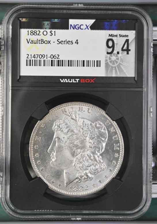 1882-O $1 Morgan Silver Dollar NGCX Mint State 9.4 Vaultbox Series 4