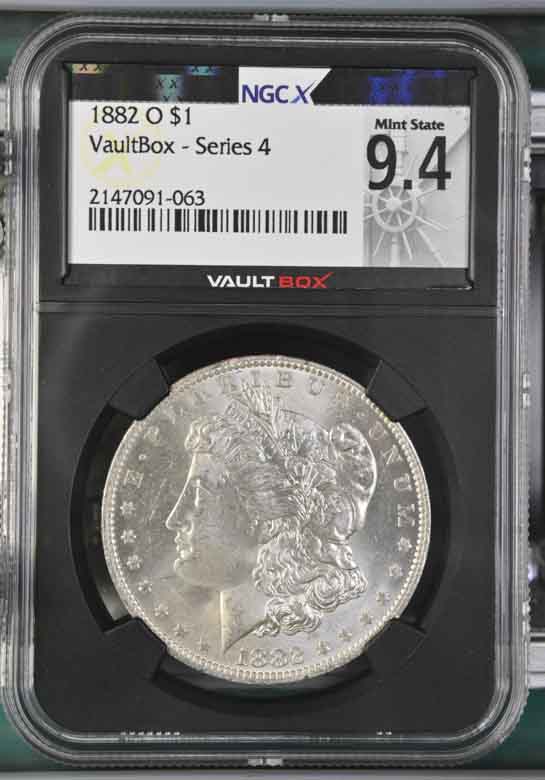 1882-O $1 Morgan Silver Dollar NGCX Mint State 9.4 Vaultbox Series 4
