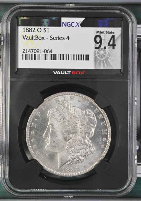 1882-O $1 Morgan Silver Dollar NGCX Mint State 9.4 Vaultbox Series 4