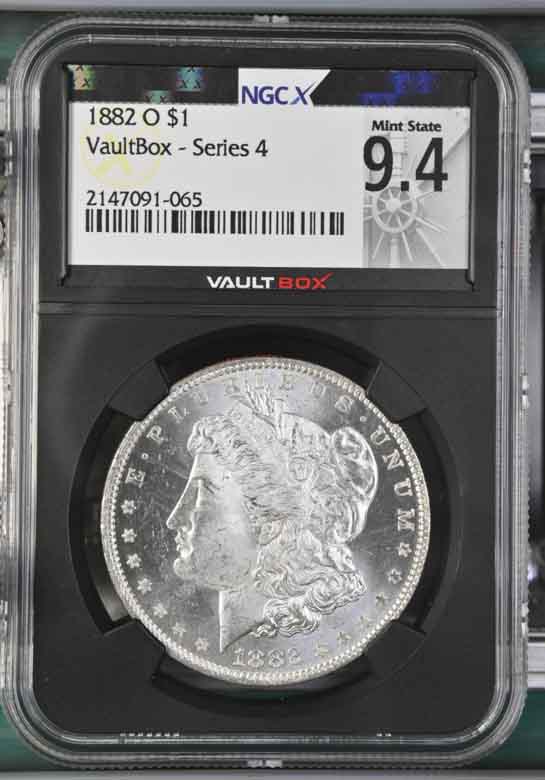 1882-O $1 Morgan Silver Dollar NGCX Mint State 9.4 Vaultbox Series 4