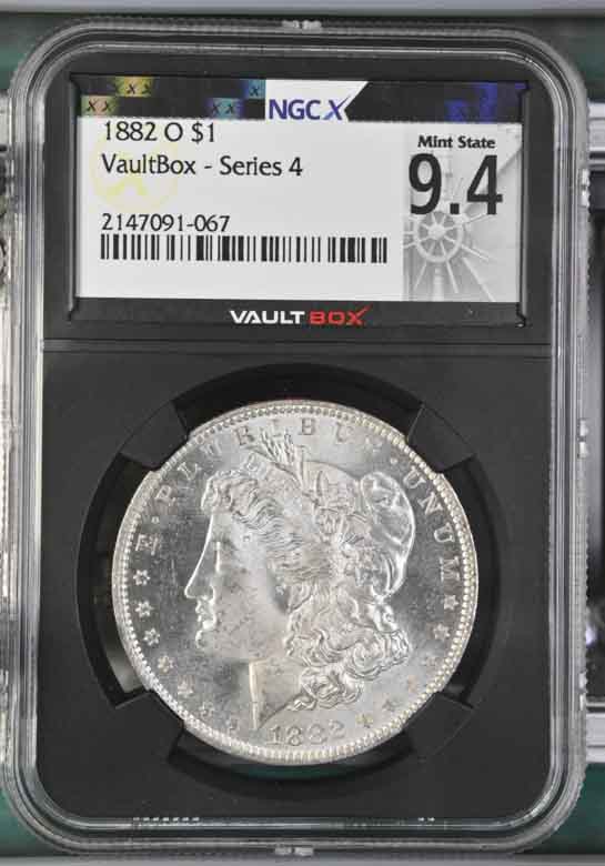 1882-O $1 Morgan Silver Dollar NGCX Mint State 9.4 Vaultbox Series 4