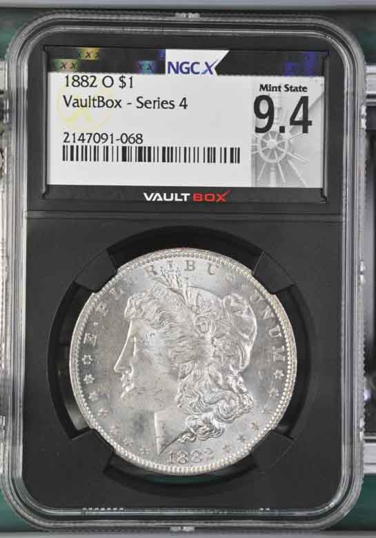 1882-O $1 Morgan Silver Dollar NGCX Mint State 9.4 Vaultbox Series 4
