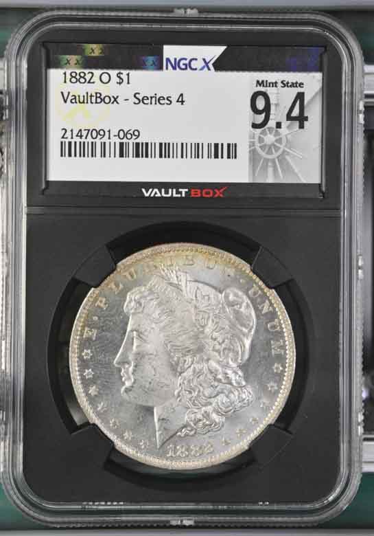1882-O $1 Morgan Silver Dollar NGCX Mint State 9.4 Vaultbox Series 4