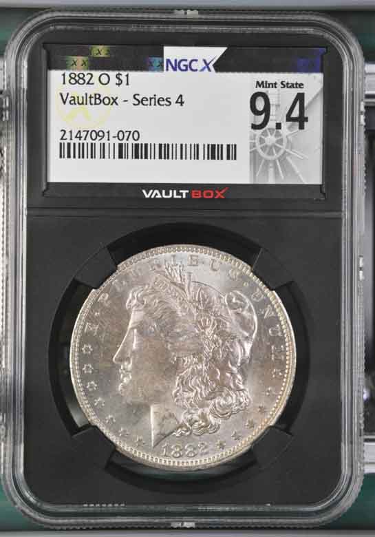 1882-O $1 Morgan Silver Dollar NGCX Mint State 9.4 Vaultbox Series 4