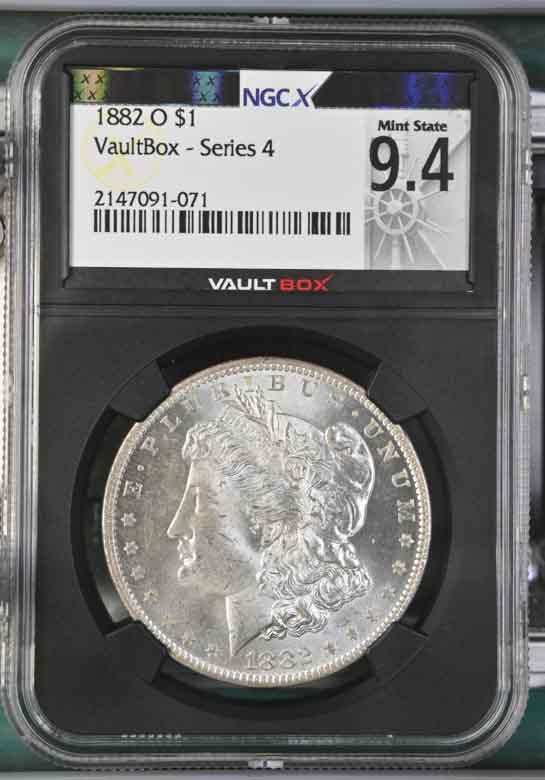 1882-O $1 Morgan Silver Dollar NGCX Mint State 9.4 Vaultbox Series 4