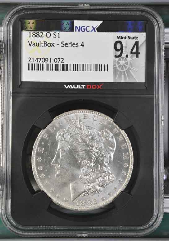 1882-O $1 Morgan Silver Dollar NGCX Mint State 9.4 Vaultbox Series 4