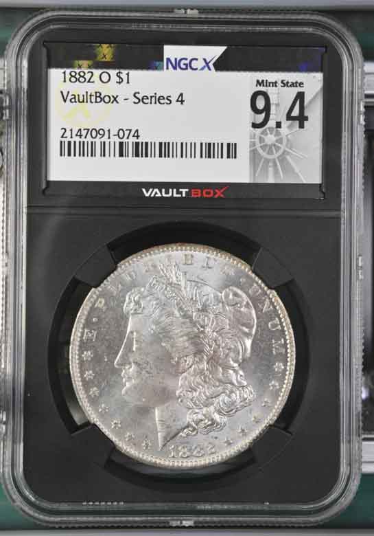 1882-O $1 Morgan Silver Dollar NGCX Mint State 9.4 Vaultbox Series 4