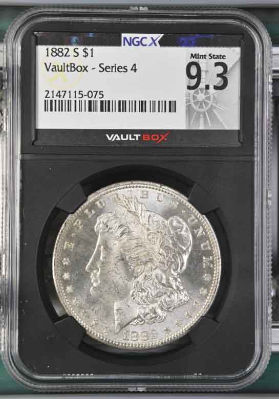 1882-S $1 Morgan Silver Dollar NGCX Mint State 9.3 Vaultbox Series 4