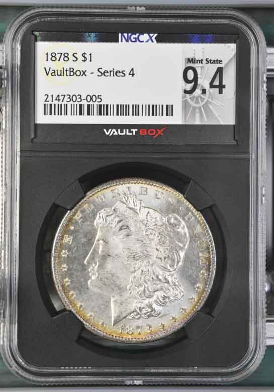 1878-S $1 Morgan Silver Dollar NGCX Mint State 9.4 Vaultbox Series 4