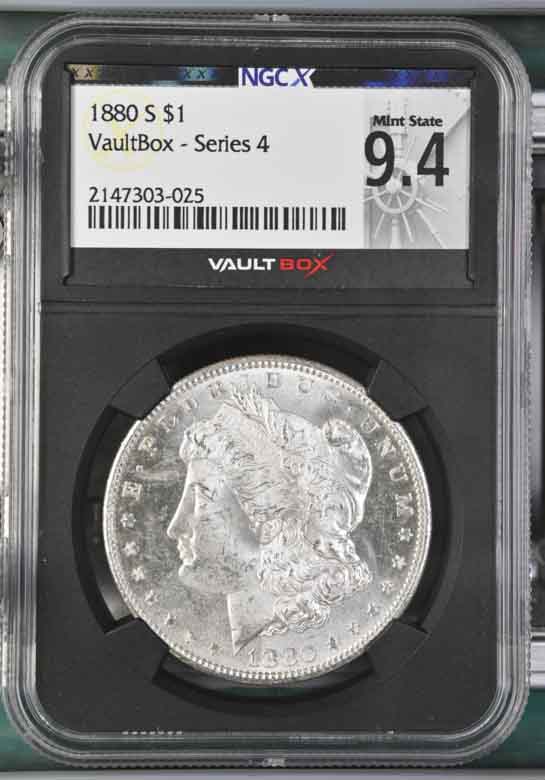 1880-S $1 Morgan Silver Dollar NGCX Mint State 9.4 Vaultbox Series 4