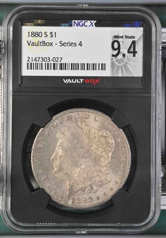 1880-S $1 Morgan Silver Dollar NGCX Mint State 9.4 Vaultbox Series 4